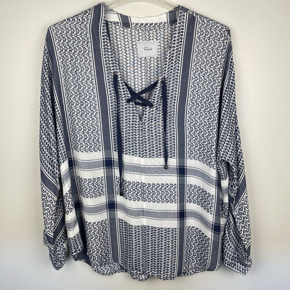 Rails Lily Tunic Top Womens Large Blue Geometric Lace Up Oversized Boho Beach